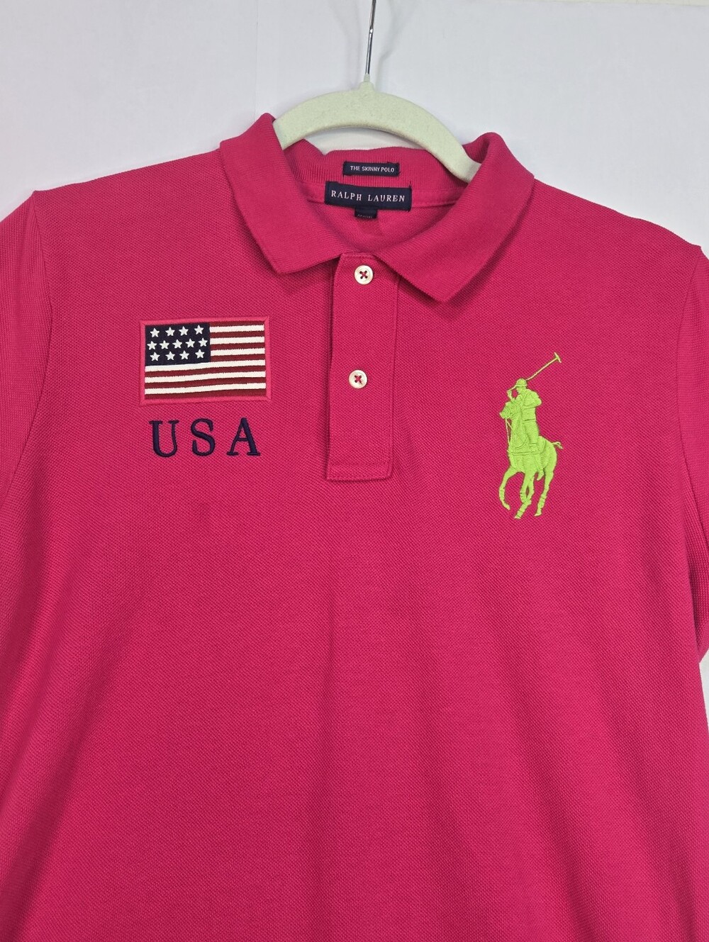 POLO Big Pony By Ralph Lauren Size L, USA Flag, Hot Pink #3 On Back & Sleeve - Picture 5 of 10